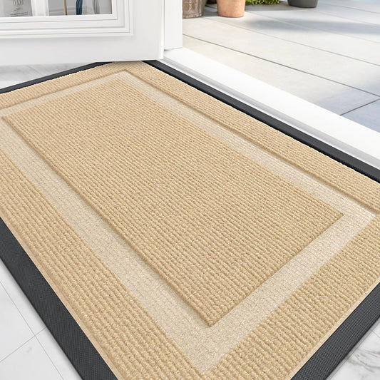 OLANLY Front Door Mat Indoor Outdoor Entrance, Waterproof All-Season, All-Weather Doormat, Sturdy Natural Rubber, Fade Resistant, Low Profile, Easy Clean Patio Porch Entryway Mat, 59x23, Beige