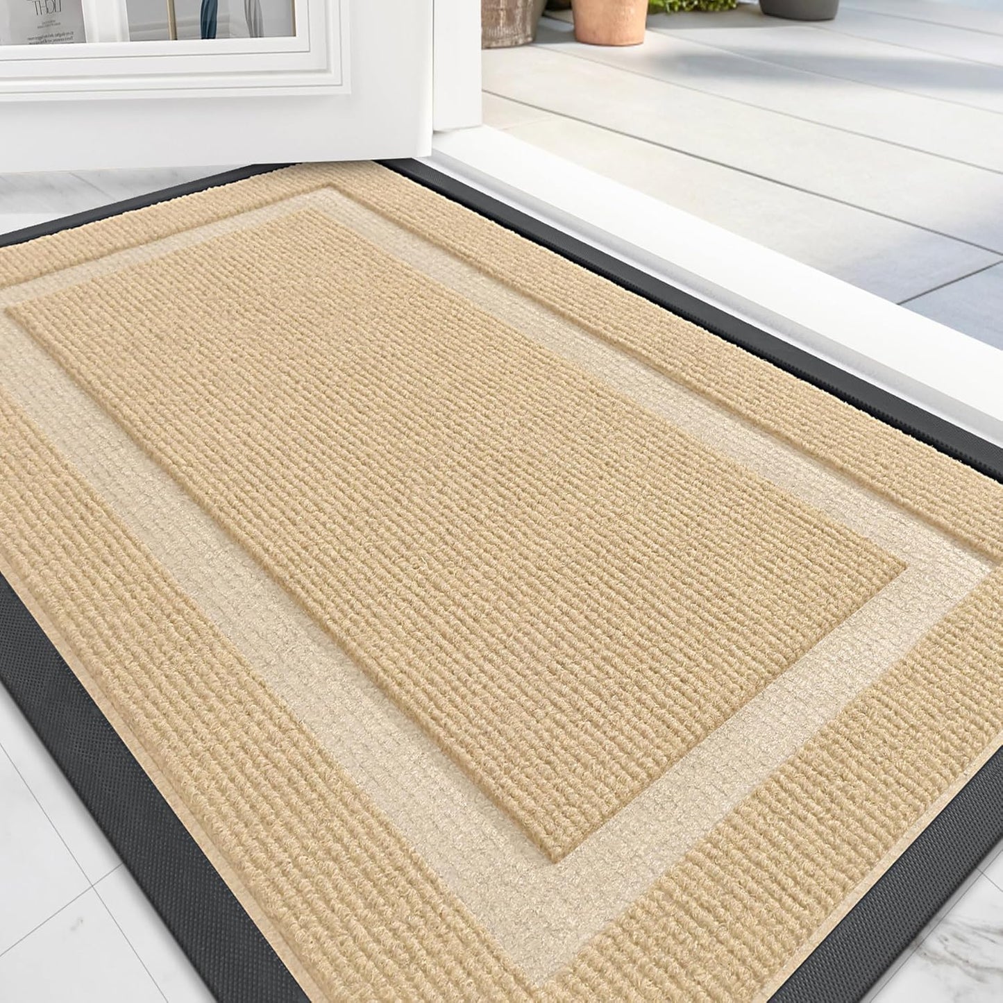 OLANLY Front Door Mat Indoor Outdoor Entrance, Waterproof All-Season, All-Weather Doormat, Sturdy Natural Rubber, Fade Resistant, Low Profile, Easy Clean Patio Porch Entryway Mat, 47x30, Beige