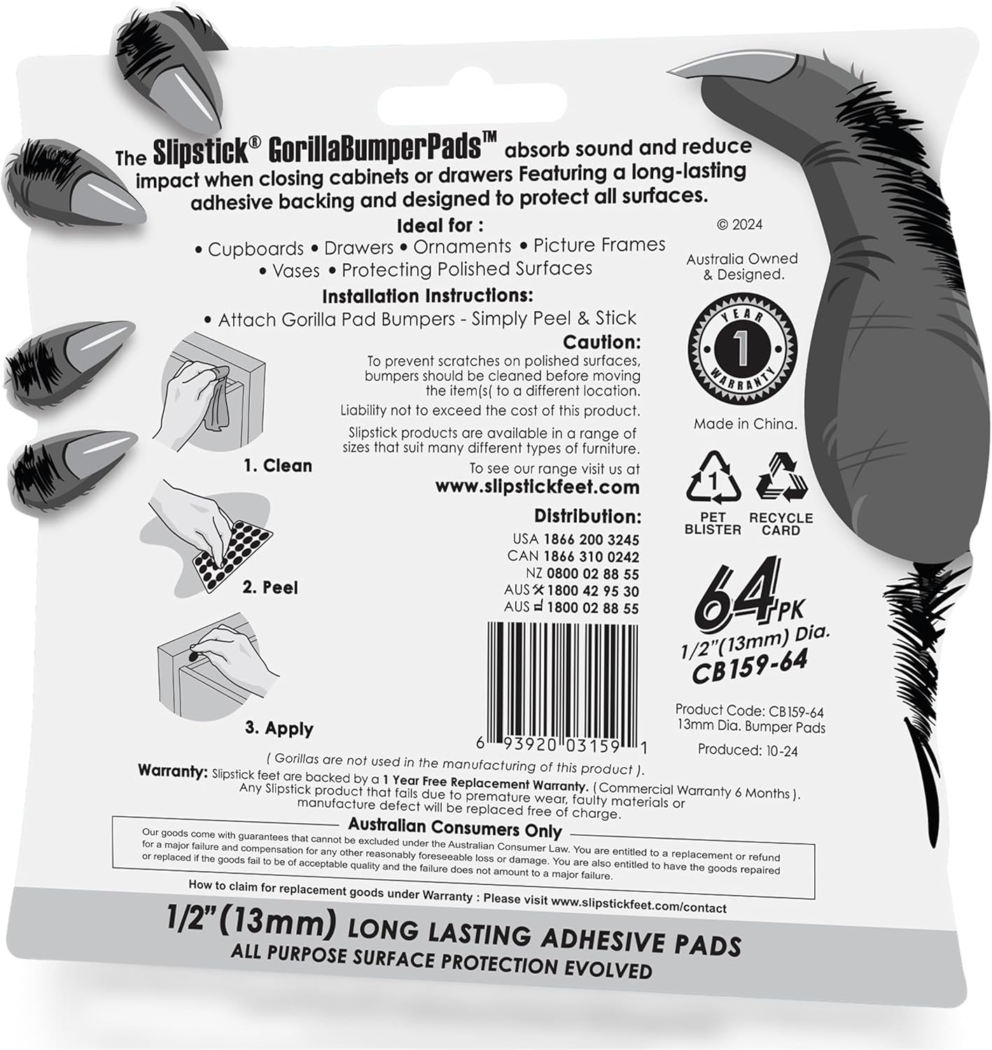 Slipstick GorillaBumperPads Premium 1/2” Rounds Adhesive Non Slip Pads/Bumpers (64 Gripper Dots) Perfect Grips for Small Items/Décor, Cabinet Stoppers, Drawer/Door Bumpers, Glass/Picture Frame Pads