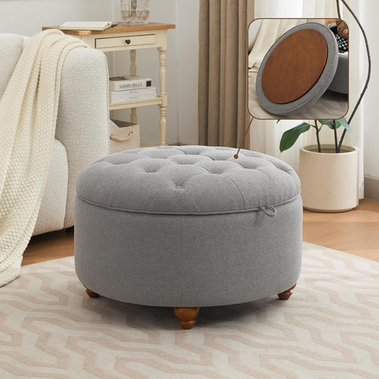 30Inch Round Storage Ottoman with Tray, Modern Tufted Fabric Circle Coffee Table with Storage, Upholstered Ottoman with Removable Top for Living Room, Bedroom, Light Grey
