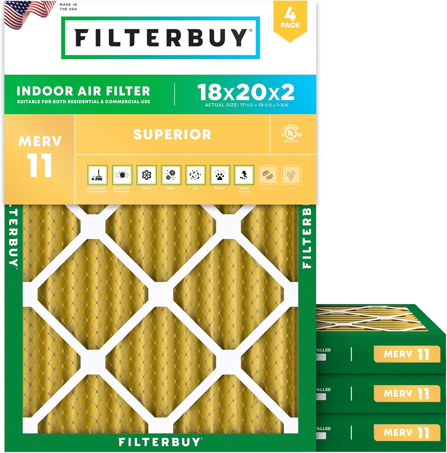 Filterbuy 18x20x2 Air Filter MERV 11 (MPR 1200) Allergen Defense Replacement (4-Pack), Electrostatic Pleated HVAC AC Furnace Filters, Made in USA (Actual Size: 17.50 x 19.50 x 1.75)