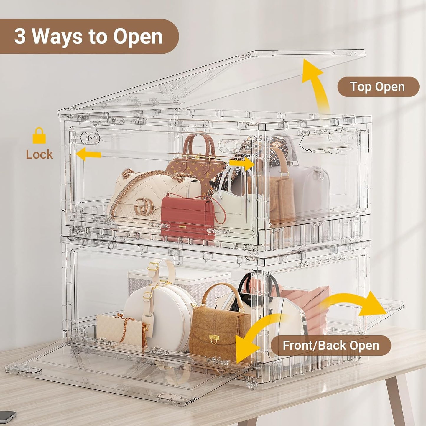 BROVIEW Clear Stackable Storage Bins Drawers, Open Front Large Plastic Storage Bins with Lids, Foldable Closet Organizers and Storage for Wardrobe Cabinets, Pantry, Makeup,3 Pack