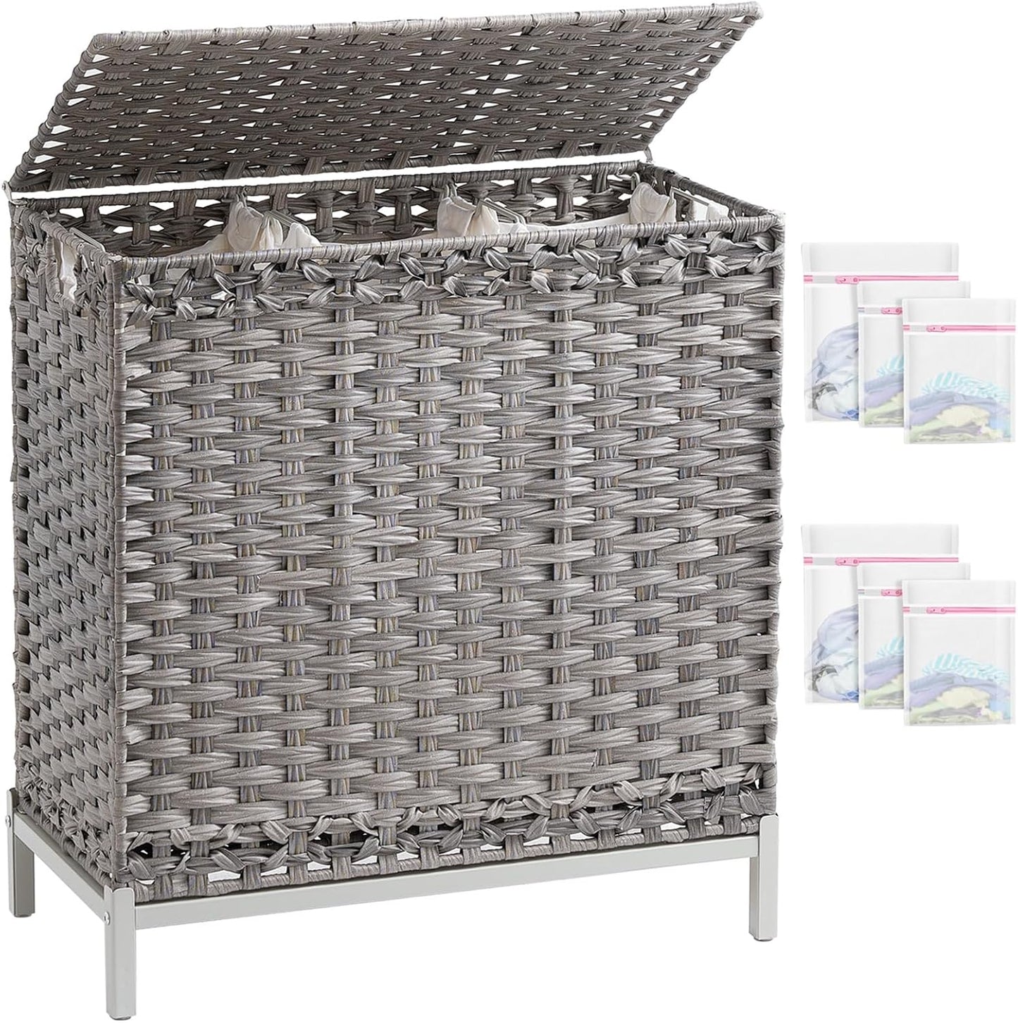 Laundry Hamper with Lid 132 L, (35 Gallons) Clothes Hamper with Lid, Handwoven Rattan Laundry Hamper with Metal Heightened Feet, Laundry Hampers with 3 Removable Liner Bags for Laundry-Gray