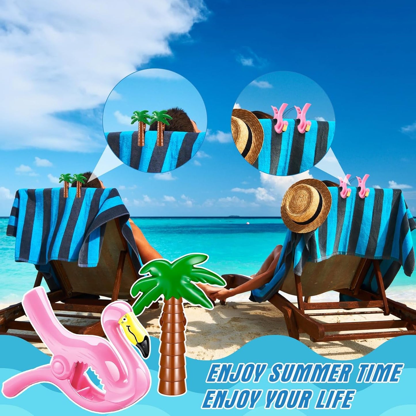 4 Pieces Beach Towel Clip Jumbo Size Chair Clips Towel Holder Clothes Pegs Christmas Stocking Clamp for Cruise Patio Pool Holiday Vacations(Flamingo, Coconut Palm,Pink, Green)