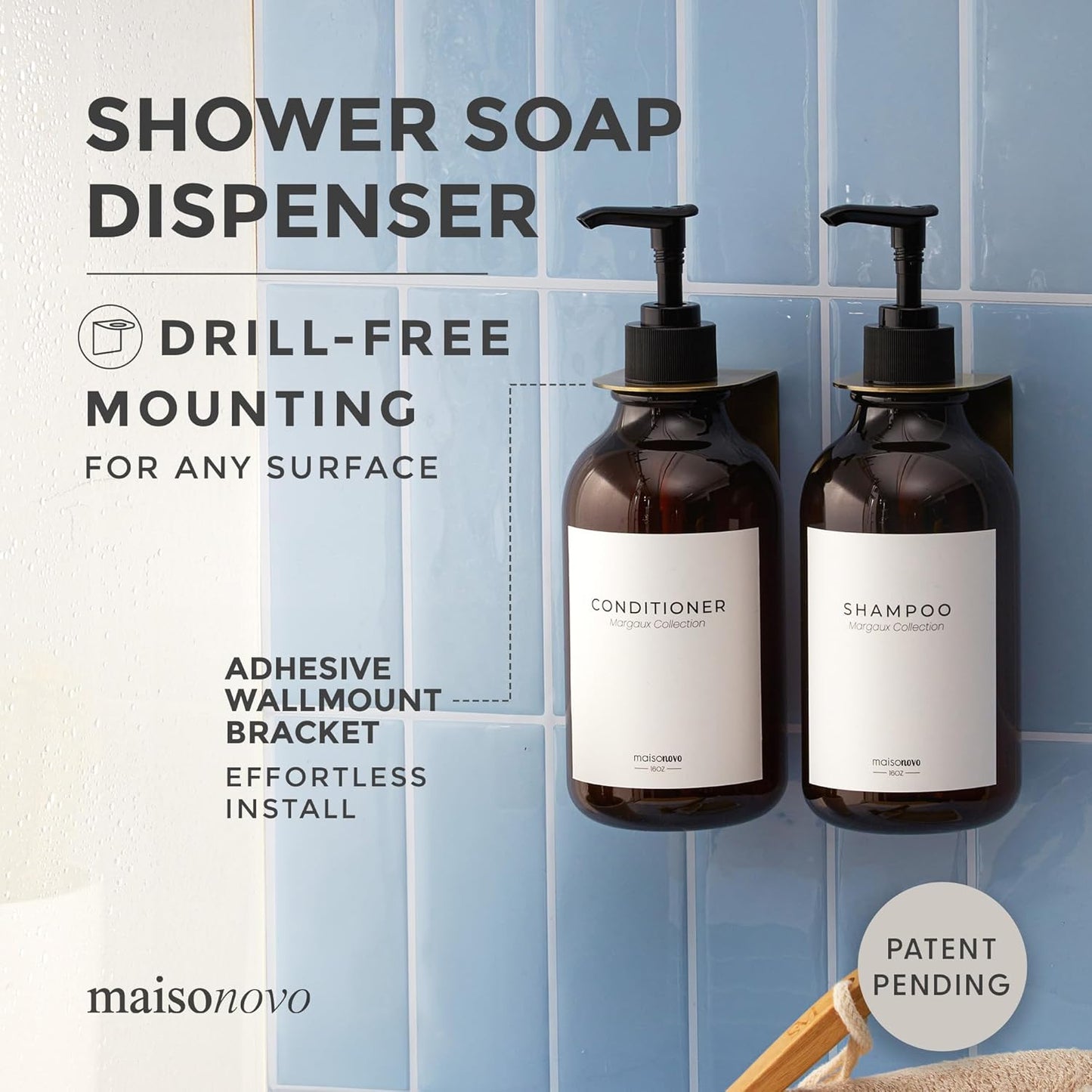 MaisoNovo Shampoo and Conditioner Dispenser - Shower Soap Dispenser Wall Mounted - 16.9 fl oz Set of 2 Amber Plastic Bottles Black Pump - 2 Chamber No Drill