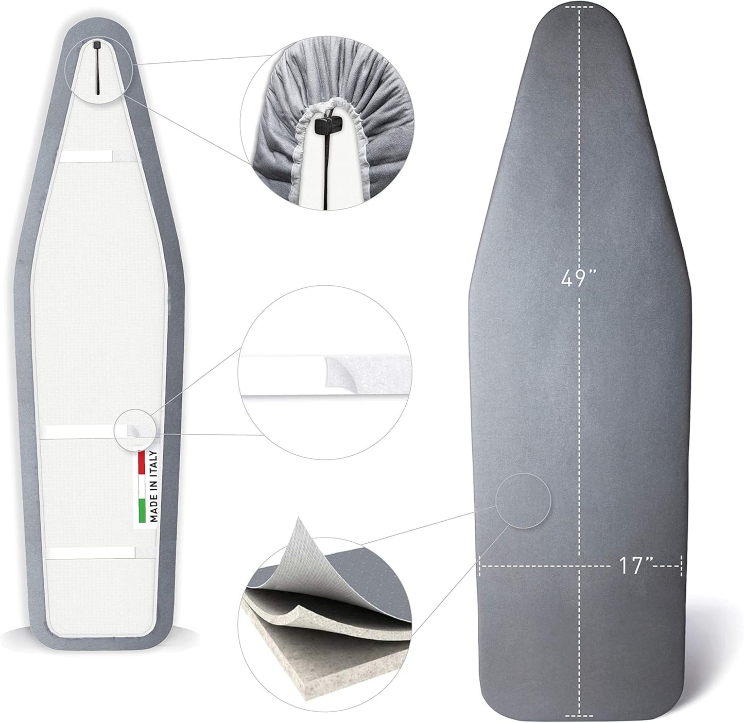 TIVIT Ironing Board Cover 17 x 49, Made in Italy. Pro Grip Pad Covers w/3 Fastener Straps & Pull Bungee Cord - Durable Scorch & Stain Resistant Padded Layers, Heat Reflective AlumiTek PRO Top Coat