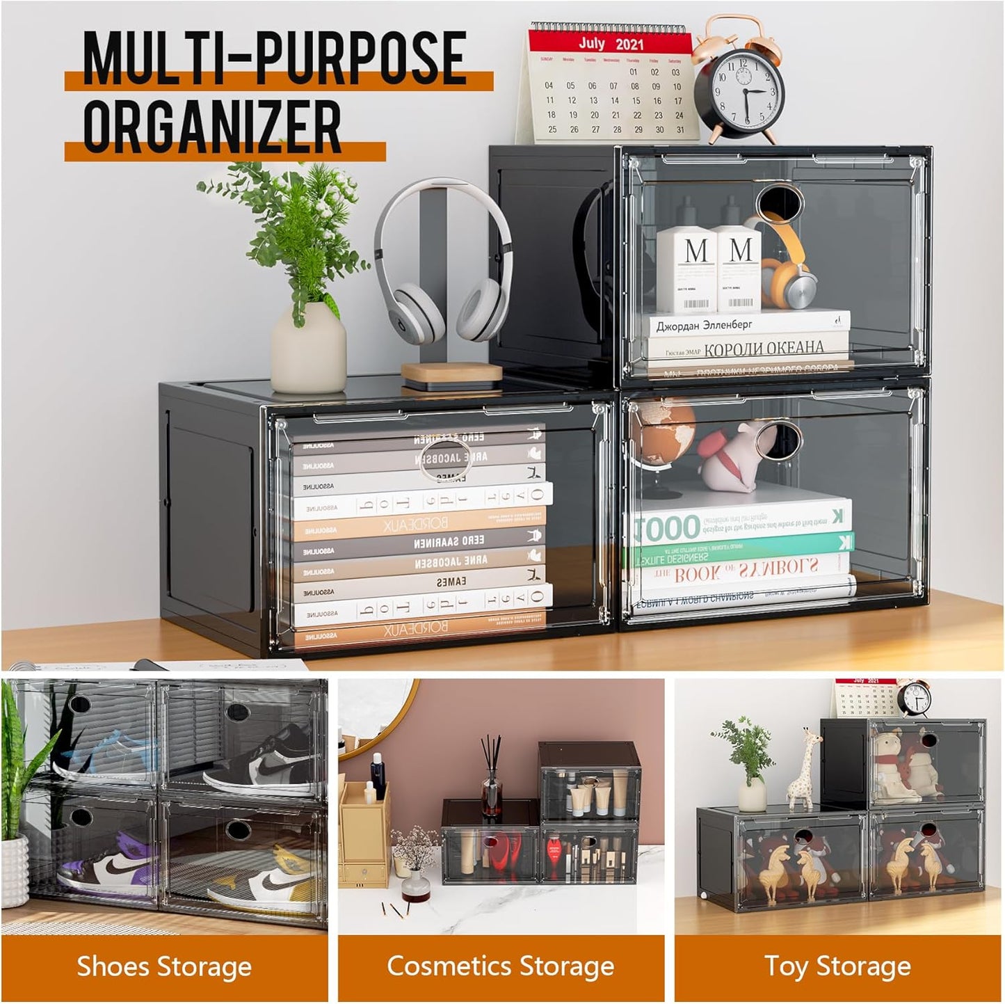 KEFA XL Shoe Storage Box Organizer, 6 Pack Shoe Boxes Clear Plastic Stackable, Sneaker Display Case Container Fit for US 13 (Side 6 PACK BLACK)