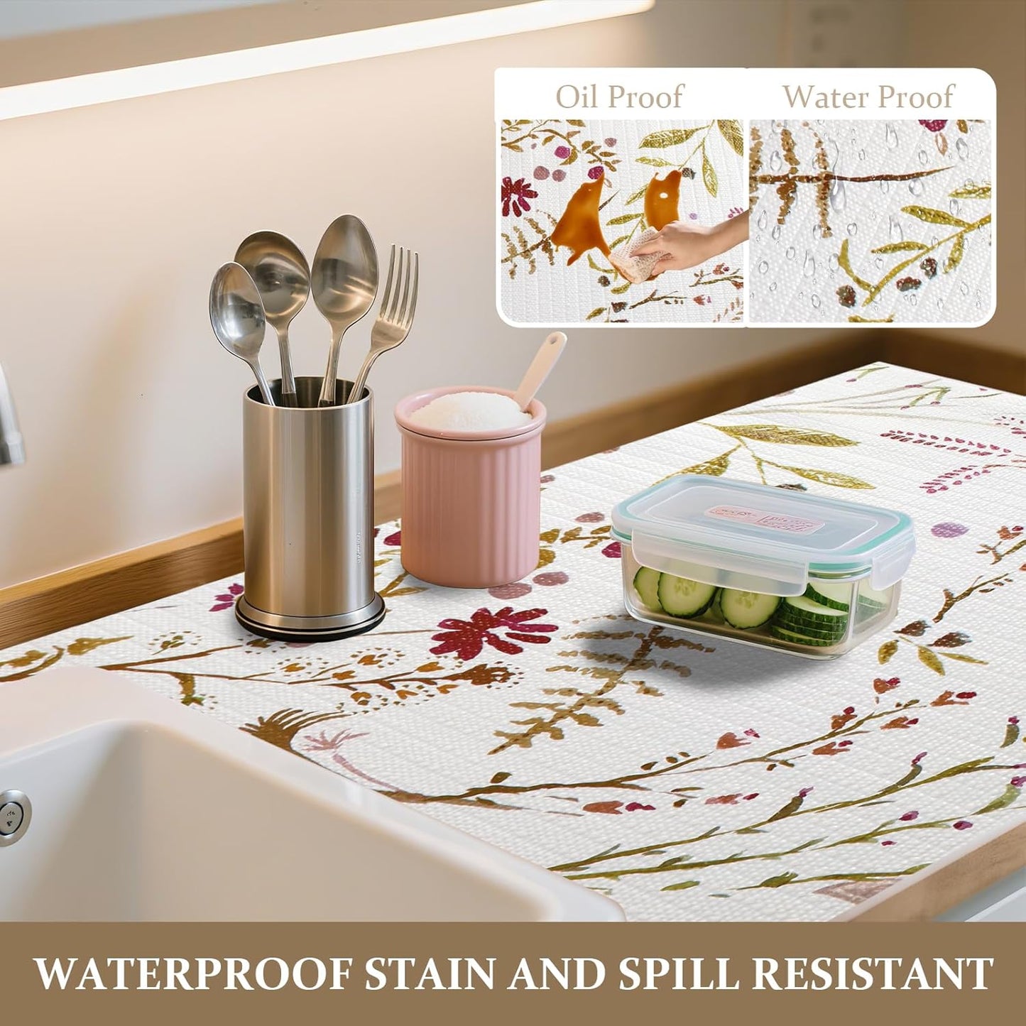 FINNEZ Shelf and Drawer Liner 17in x 10FT with Cutting Tool, Non Slip Non Adhesive Drawer Liners for Kitchen Cabinets, Waterproof Floral Cabinet Liner for Shelves, Refrigerator