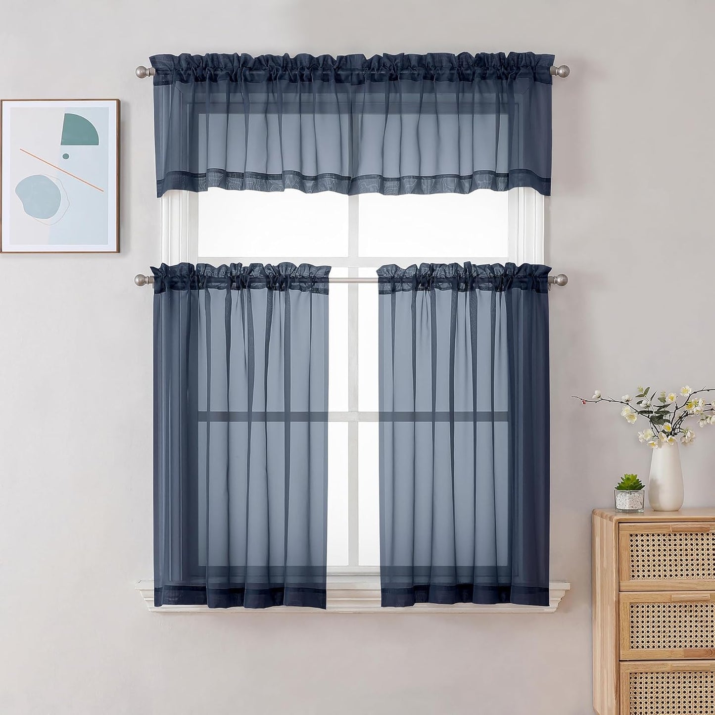 Chyhomenyc Navy Blue Sheer Curtains 30 inch Length 2 Panels, Light Filtering Voile Rod Pocket Short Window Curtians for Bathroom Living Room Farmhouse Small Windows, 42Wx30L inches