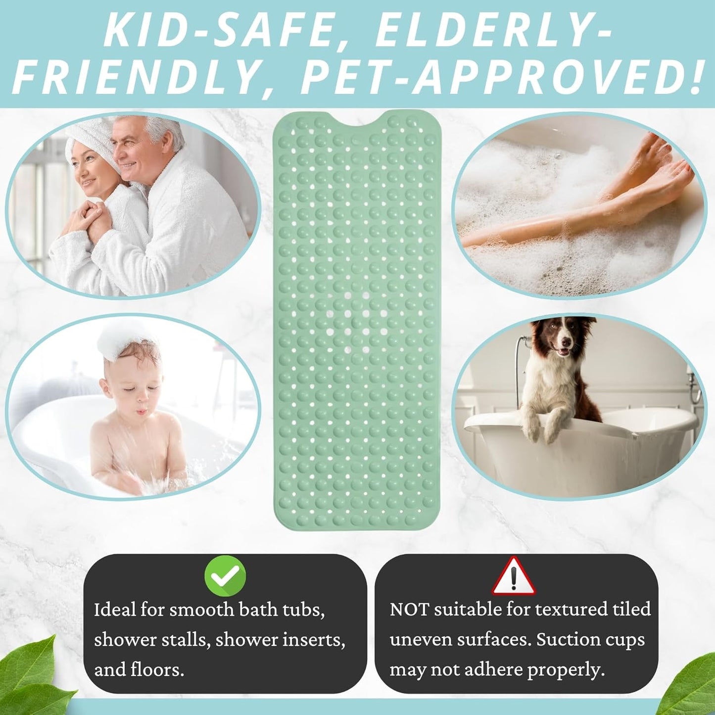 ENKOSI Bath Mat - Large Non Slip Bathtub & Shower Mat - Extra Long 40 x 16 Inch Bathroom Mats for Tub Nonslip Anti Slip Bathmats (40x16 Aqua Green 1-Pack)