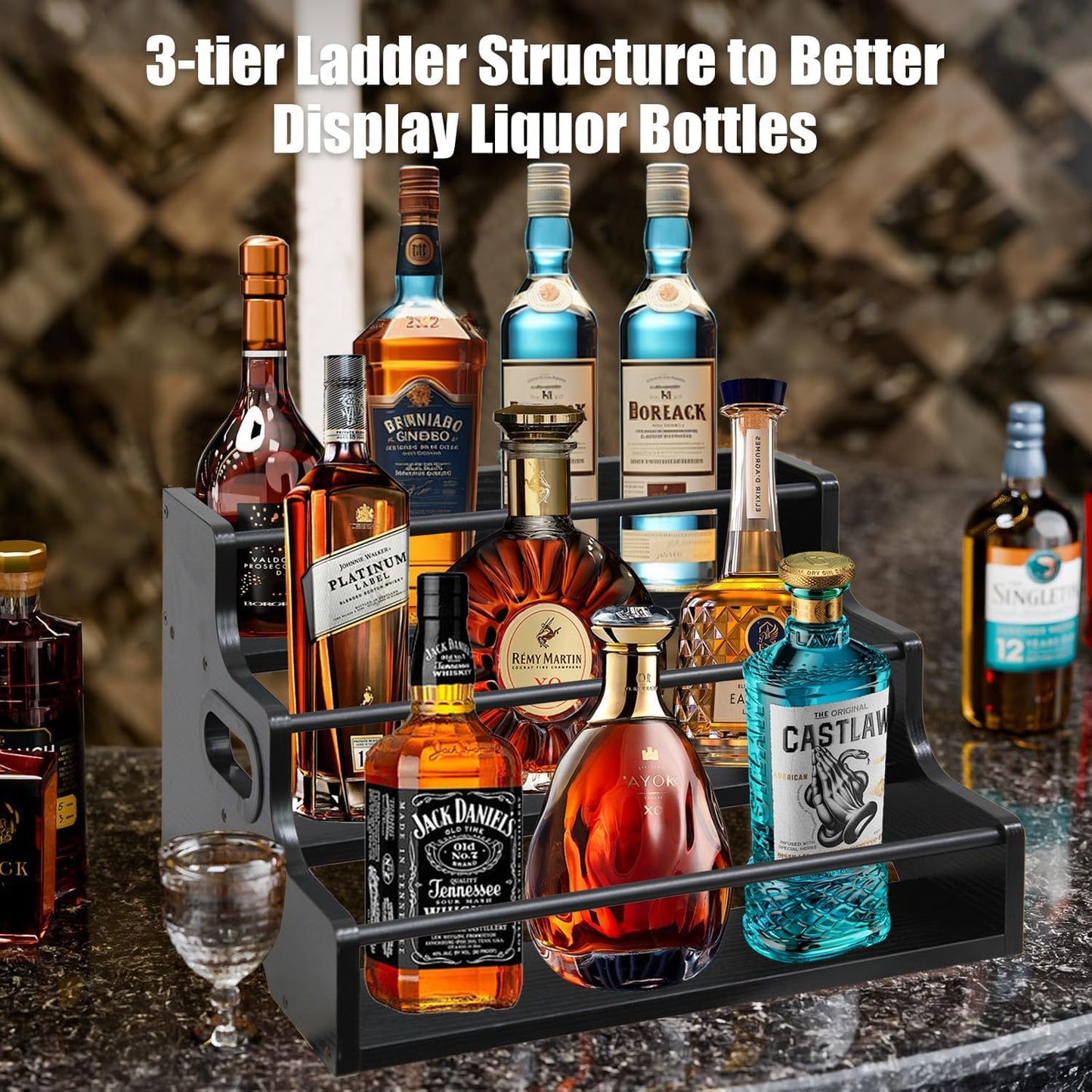 AT-VALY 3-Tier Spice Rack, Iron&MDF Kitchen Storage Shelf, Space-Saving Countertop Organizer for Spices, Herbs, Seasonings, Sturdy Stylish Condiment Holder,Countertop Wine Rack (Black Grain)