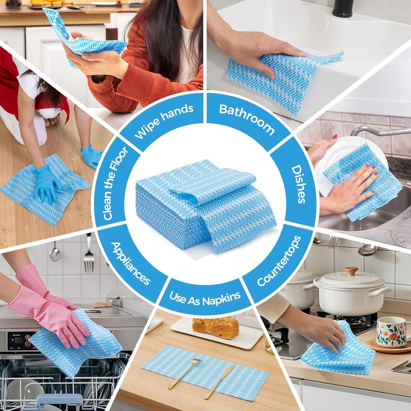 Handi Wipes Reusable Cloths Disposable Cleaning Towels Dry Kitchen Wipes Reusable Dish Towel Washcloths Dry Fast Multi-Purpose Heavy Duty Towels, Thick and Absorbnet, Blue, Pack of 120