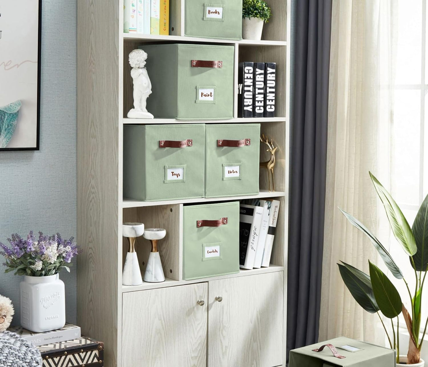 DECOMOMO Storage Bins, Cube Storage Bin with Labels, Fabric Storage Cubes for Shelves (10.5" x 11" / 2pcs, Sage Green)
