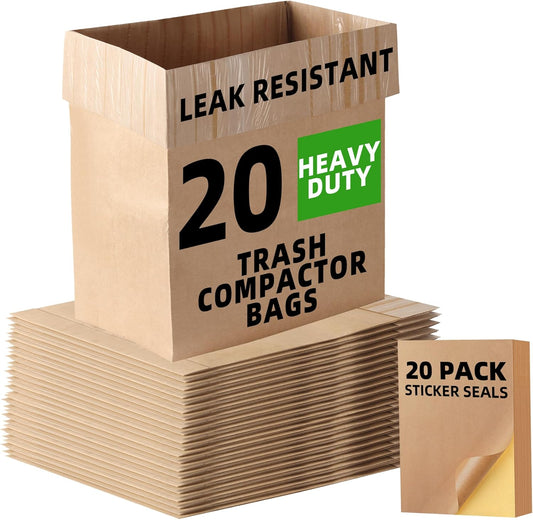 (20-Pack) Calvana Super Strong Compactor Bags, Heavy-Duty Kitchen Paper Trash Bags with Leak Proof Plastic Liner, Fits GE Model Compactors with Rectangular Containers, Includes 20 Sticker Seals