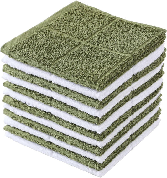 Glynniss Dishcloths Kitchen Highly Absorbent Dish Rags 100% Cotton Dish Cloths for Washing Dishes, Cleaning (Green White, 11x11)
