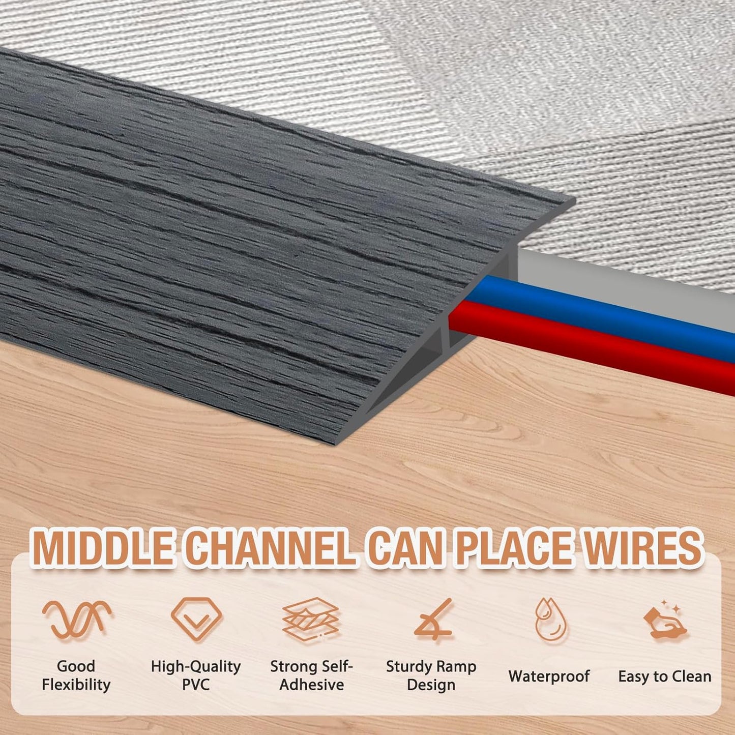 Floor Transition Strip Self Adhesive Vinyl Door Threshold for Doorways Carpet Edging Trim Overlap Edge Reducer for Laminate Floor, Carpet, Tile (Deep Gray Wood Grain, 1/5" to 2/5", 10Ft)