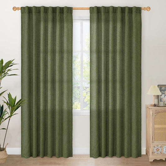 YoungsTex Olive Green Linen Curtains 80 Inch Length for Living Room, Semi Sheer Window Drapes with Rod Pocket Back Tab Light Filtering Decorative for Office Bedroom, 2 Panels, 52 X 80 Inch