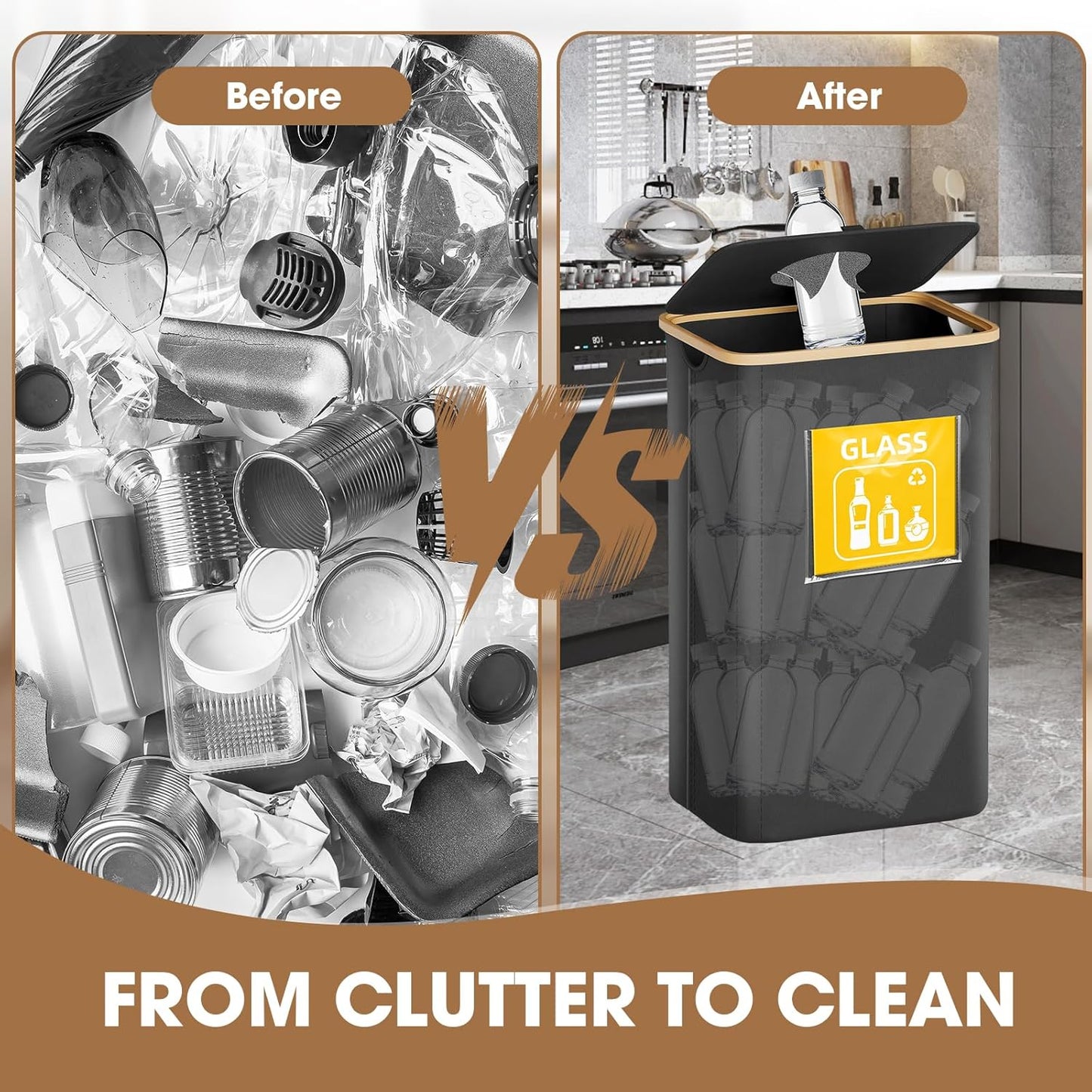 Recycling Bin for Kitchen 26 Gallon 100L, Indoor Recycle Bins with Lid, Hands-Free Access, Sorting Cards for Paper Plastic Glass Metal, Collapsible Waterproof Waste Bin