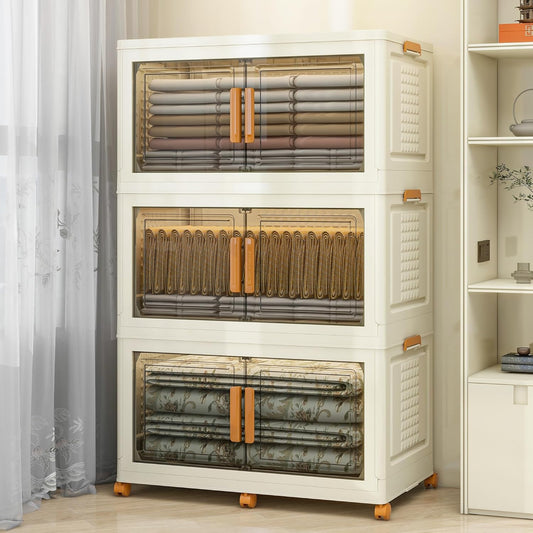 3 Tier Extra Large Stackable Storage Bins with 1 Lid 155 QT/Tier, Collapsible Plastic Box Storage Bin with Wheels, Home Containers Boxes Closet Organizers forLiving Room, Office, Dorm