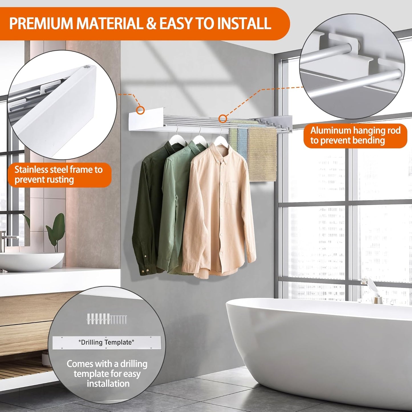 FOCHIER F Laundry Drying Rack Wall Mounted Clothes Drying Rack Collapsible with 5 Aluminum Rods and Drilling Template Long Screwdriver Bit 60 lbs Capacity (White, 31.5")