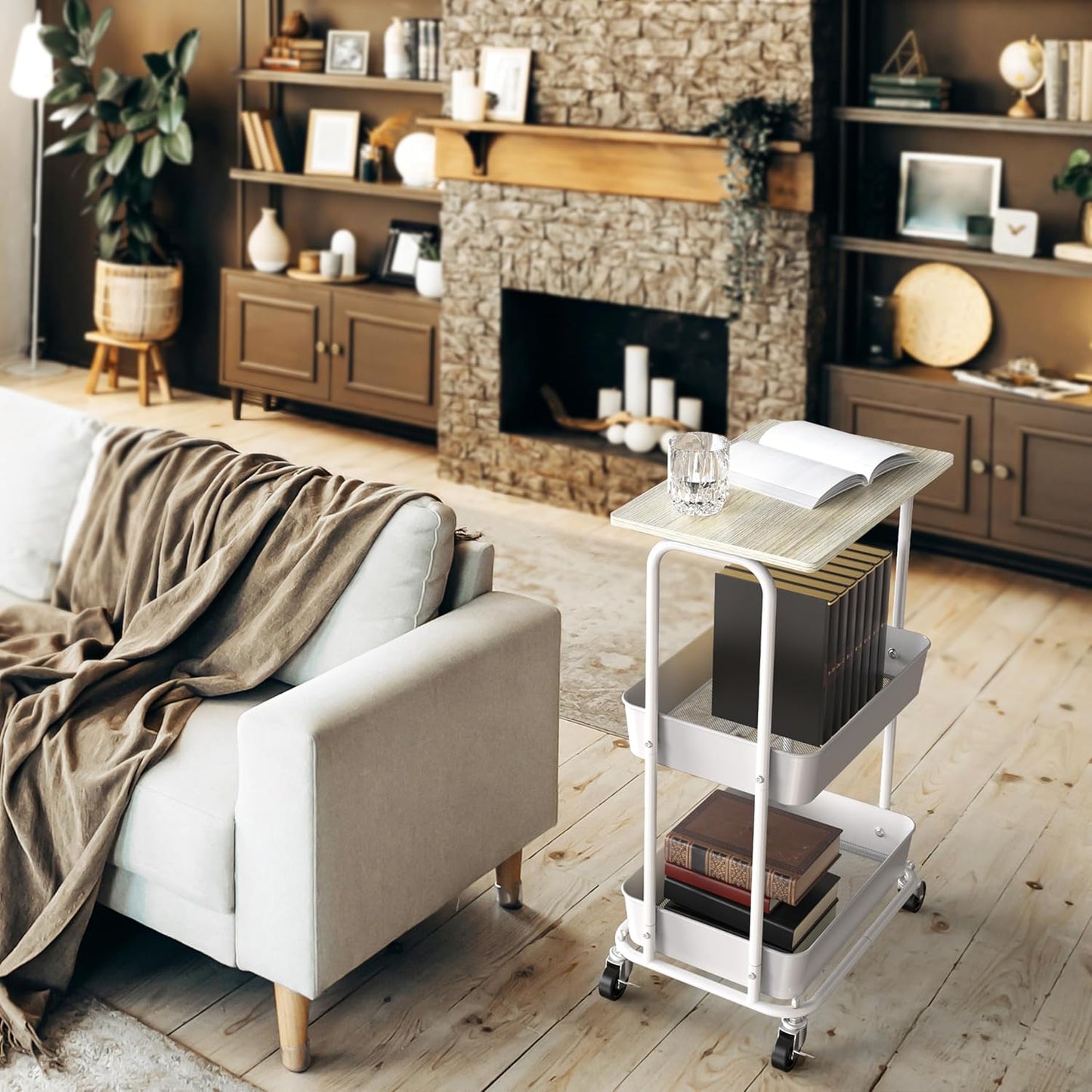 Simple Houseware 2-Tier Rolling Utility Cart with Lockable Wheels and Wood Top, Metal Storage Organizer Trolley for Kitchen, Bathroom, Office, Craft Room, Maple