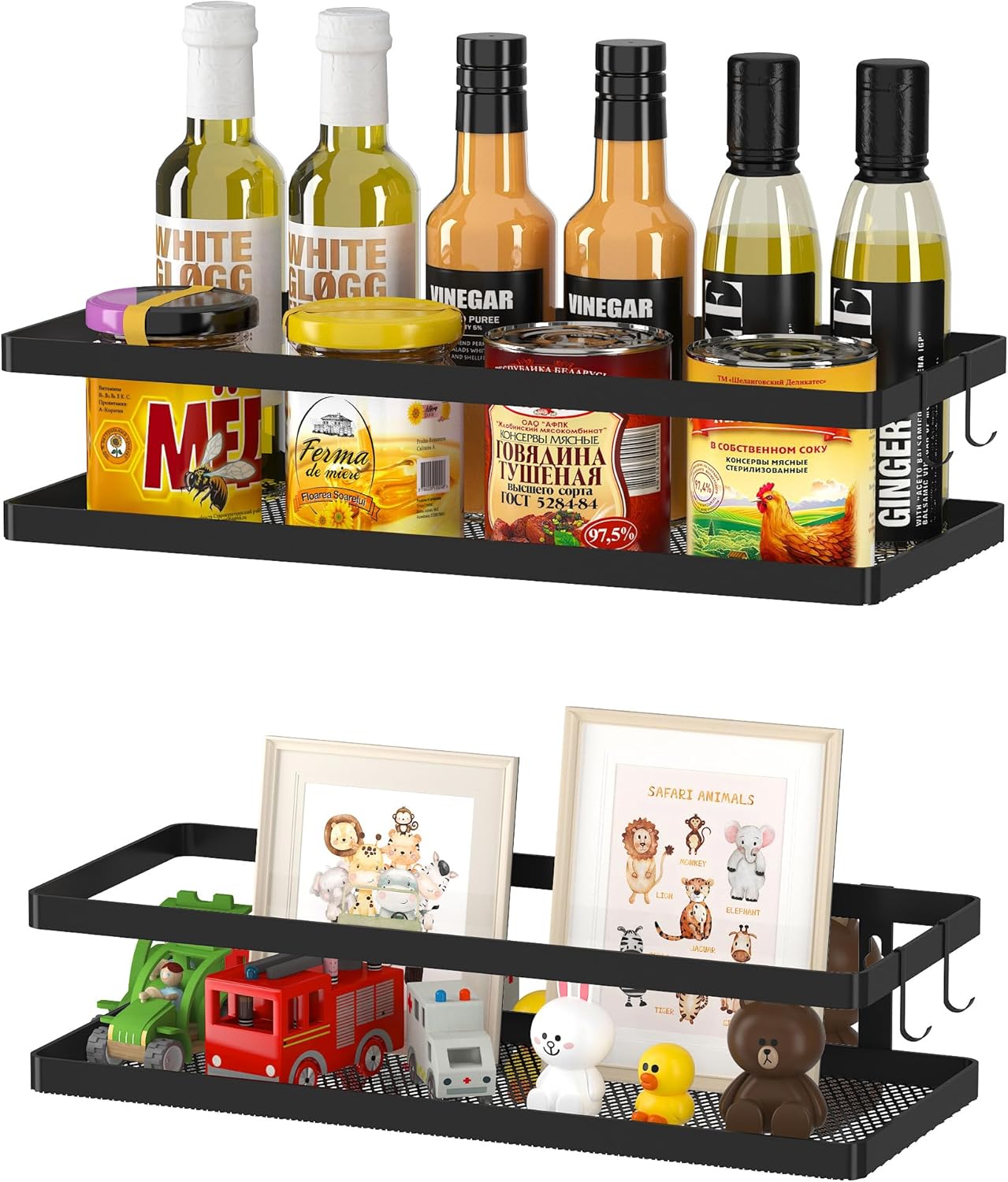 PUSDON Hanging Storage Baskets Organizer Wall Mount, Metal Wire Storage Bin Rack for Kitchen Bathroom Shower Spice Shelf Home Decor Essentials Black-2 Packs(Guardrail)