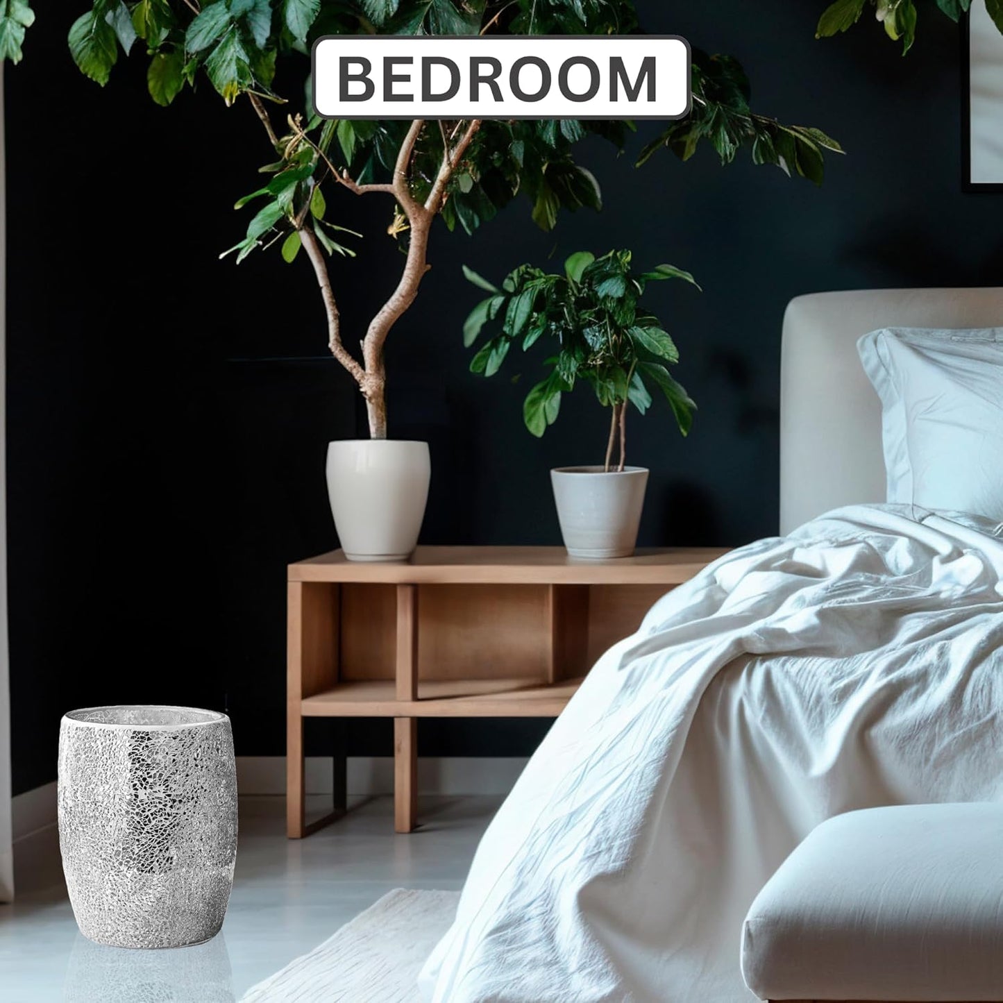 Escenzy Modern Bathroom Trash Can Silver Mosaic Glass 5L | 7" x 10" | Luxury Waste Basket for Restroom, Bedroom, Office & Kitchen | Decorative Small Garbage Can | Silver Glitter Bathroom Accessories