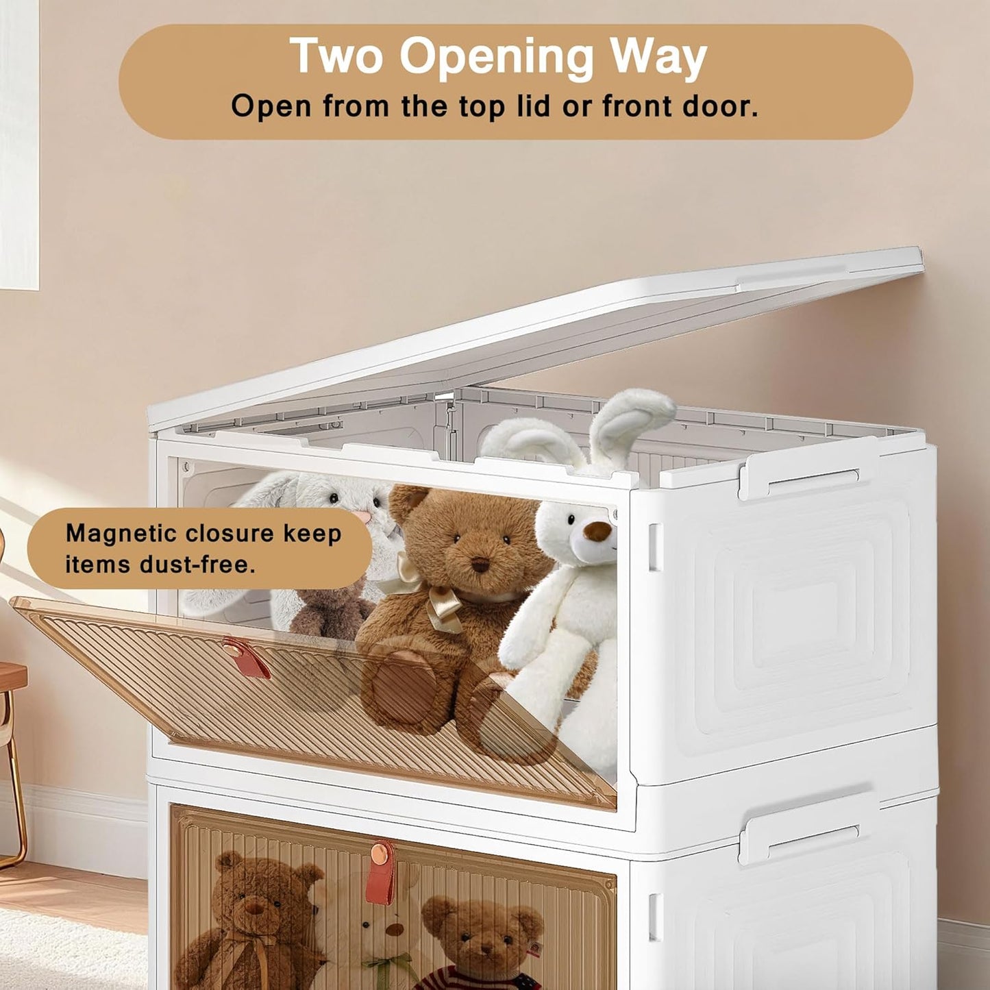 VECELO 3 Tier Storage Bins with Lid, Stackable Storage Boxes with Magnetic Doors & Wheels, Foldable Storage Containers, 23 QT Closet Organizers and Storage for Living Room, Office, Dorm