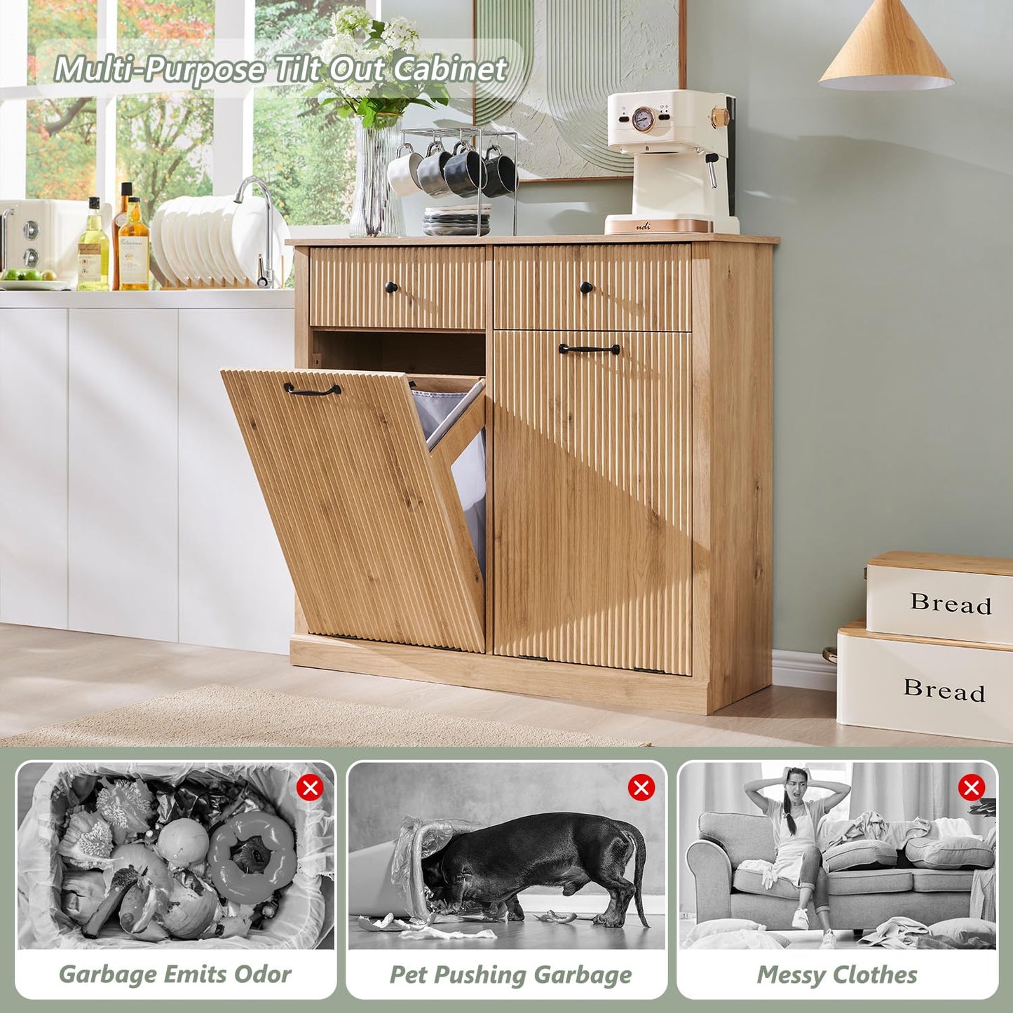 Modern Double Tilt-Out Trash Cabinet, 20 Gallon Fluted Laundry Hamper Cabinet with 2 Drawers, Wooden Hidden Garbage Can Cabinet with Storage Basket for Kitchen & Living Room, Natural Oak