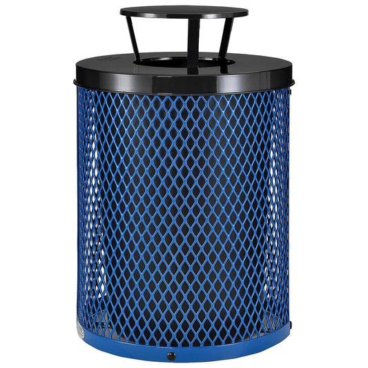 Global Industrial Outdoor Diamond Steel Trash Can with Rain Bonnet Lid and Plastic Liner, 36 Gallon Capacity, Blue, Thermoplastic Coating, 23-1/2" Diameter, 40-1/2"H