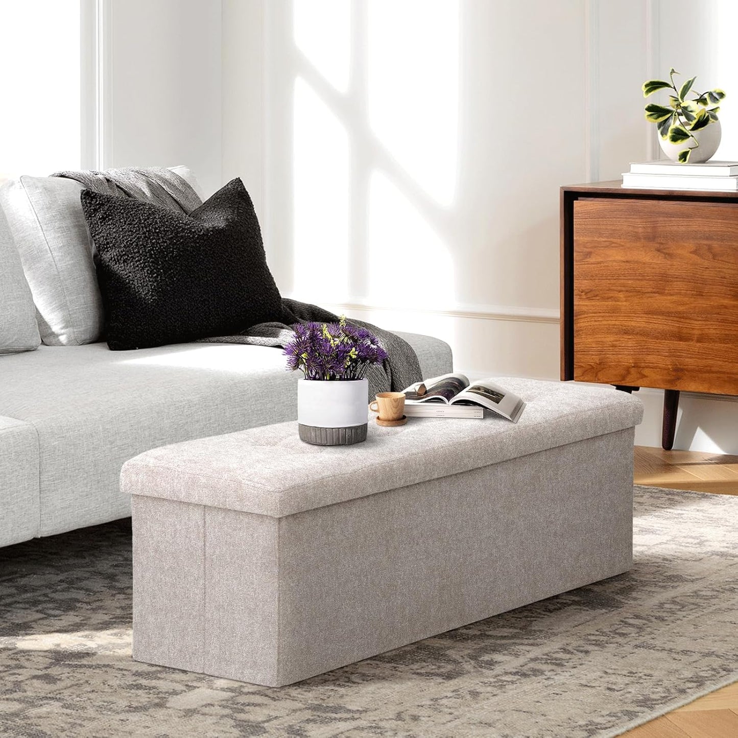 Athena Collection 43" Storage Ottoman Bench Folding Bench with 130L Hidden Storage, Large End of Bed Bench Linen Foot Rest Stool Chest with Flipping Lid for Living Room Bedroom Entryway, Sandy Beige