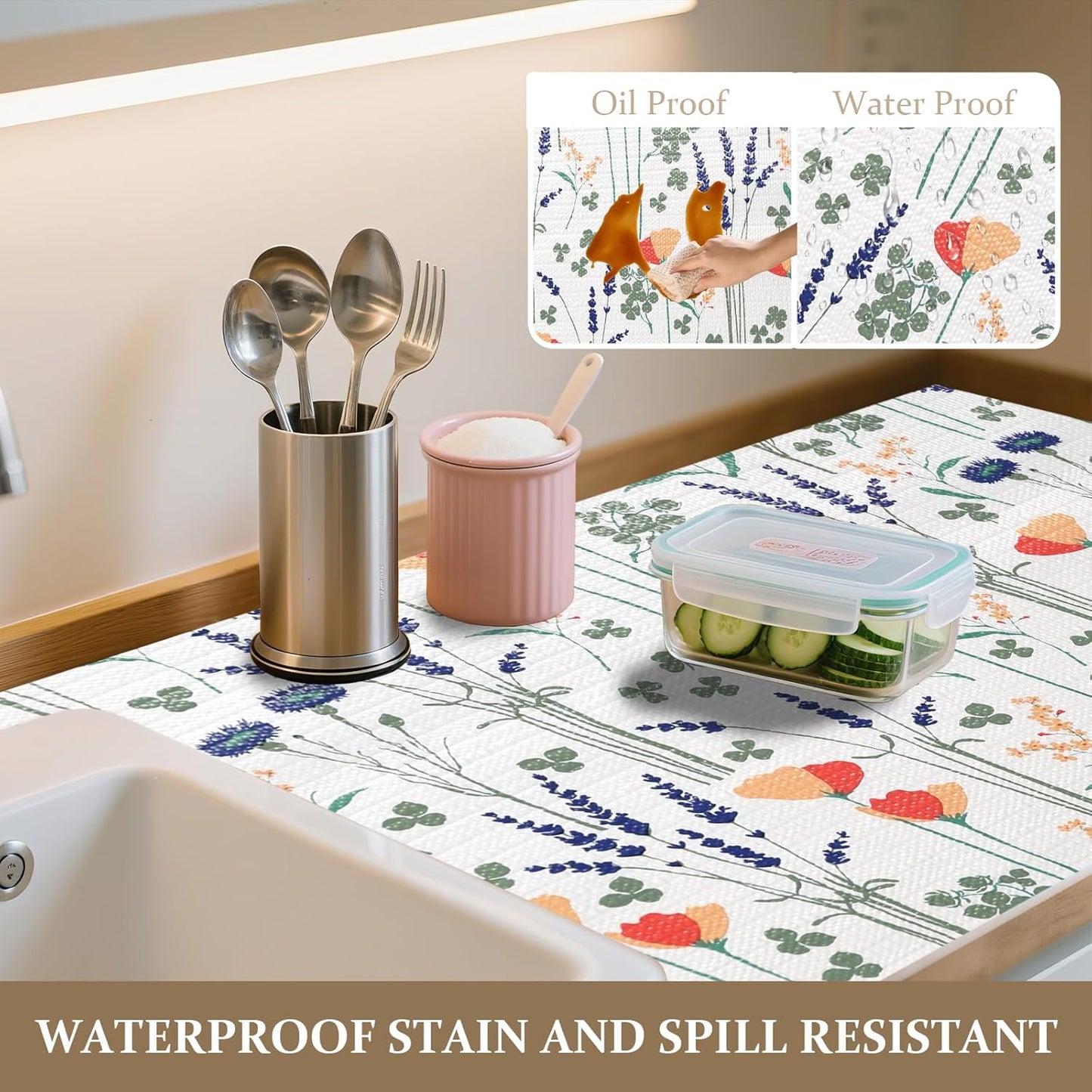 FINNEZ Shelf and Drawer Liner 17in x 20FT with Cutting Tool, Non Slip Non Adhesive Drawer Liners for Kitchen Cabinets, Waterproof Floral Cabinet Liner for Shelves, Refrigerator