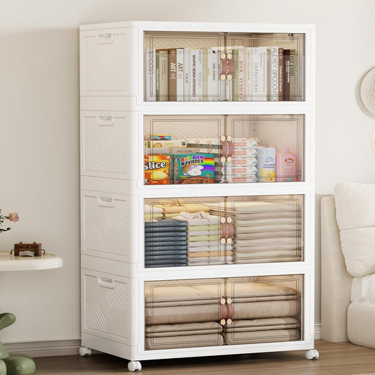 SAILUN 308QT Extra Large Collapsible Storage Bins with Wheels and Lid, Stackable Storage Bins Open Closet Organizers and Storage Storage Containers Drawers,23.6" L × 15" W × 54.5" H（4 Pack）