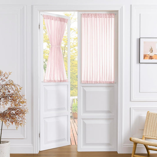 Tollpiz Short Sheer Door Curtains Closet Linen Textured Curtains Sheer Doorway Light Filtering Voile Patio Glass Door Rod Pocket Curtain French Door, 54 x 40 inches Long, Pink, Set of 1 Panel
