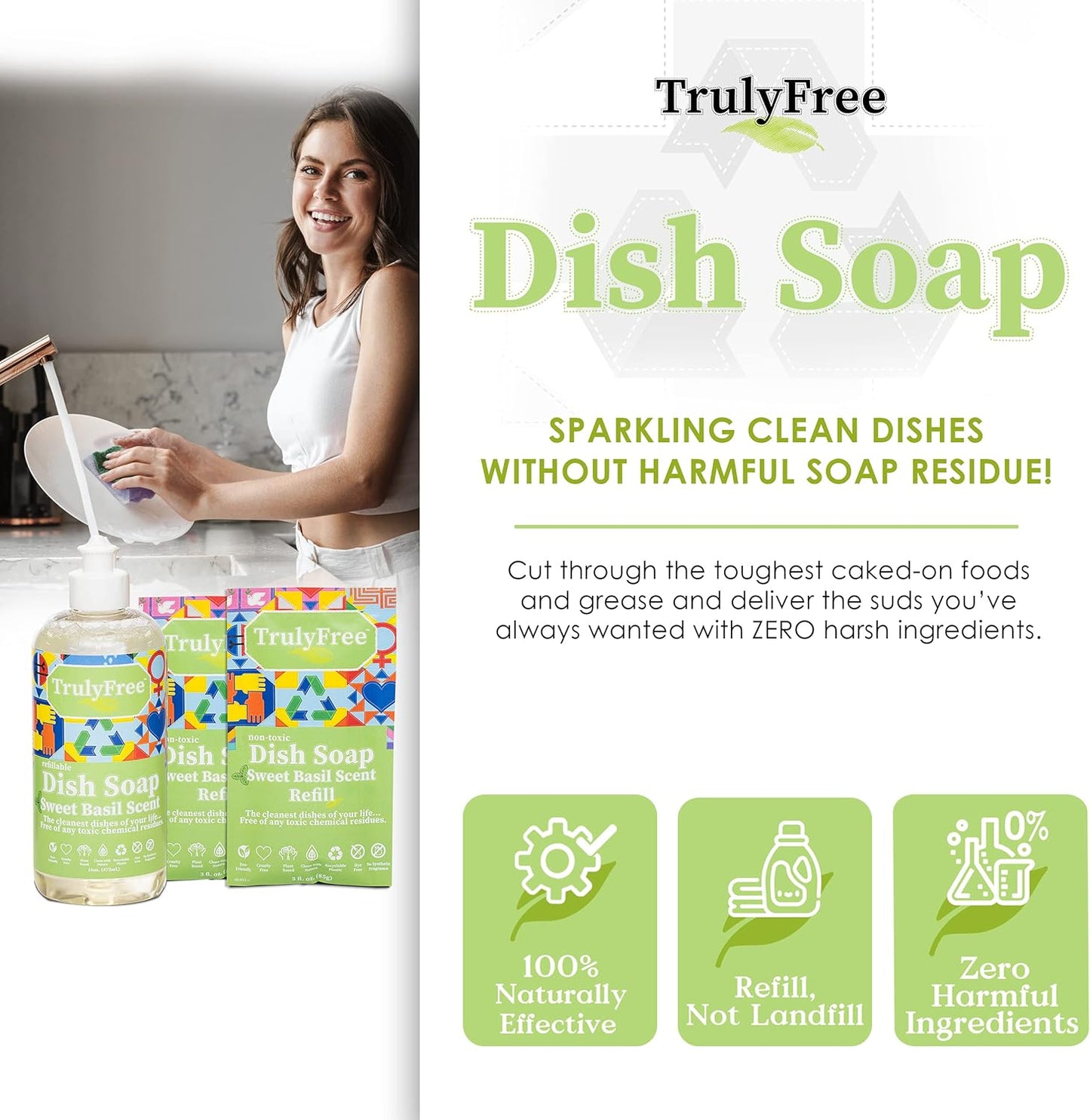 Truly Free Natural Concentrated Dish Detergent Dishwashing Liquid | Plant-Based Dish Soap | Sweet Basil Fresh Scent | 2 Refill Packs with 1 Empty Refillable Squeeze Bottle (16 Oz)