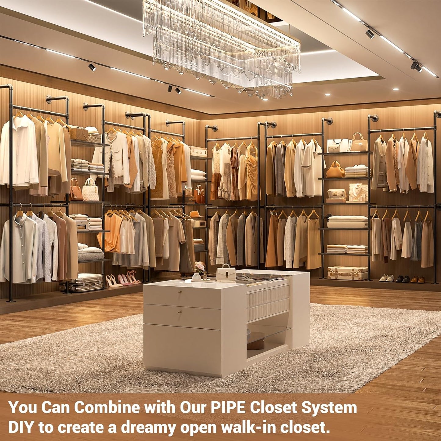 Aheaplus Industrial Pipe Clothing Rack, Reversible 6.42FT Clothes Rack for Hanging Clothes, Heavy Duty 5 Tier Wardrobe Closet Garment Racks with Shelves, Corner Closet Organizer System, Black Oak