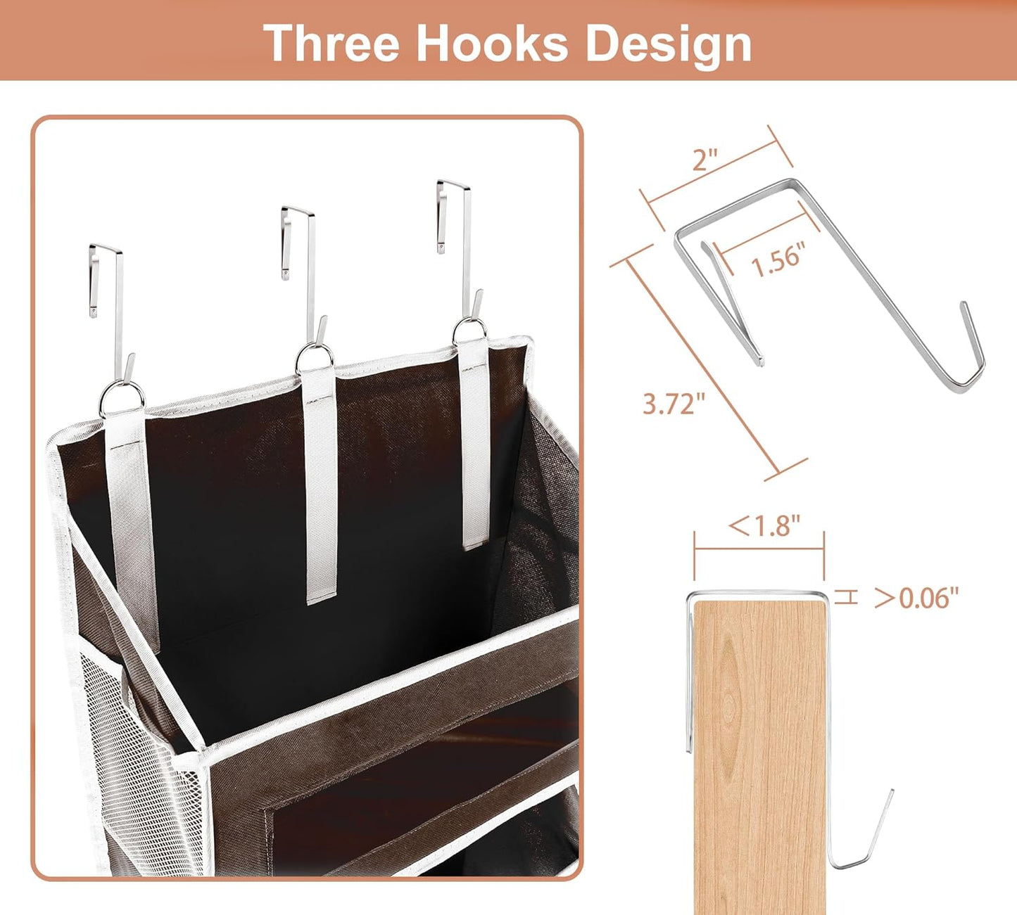 2 Packs 5-Tier Over the Door Storage Organizer with 10 Side Mesh Pockets, 48 lbs Load Capacity, 3 Hooks Design, Hanging Organizer with Clear Windows for Bathroom, Bedroom, Nursery, Kitchen-Brown