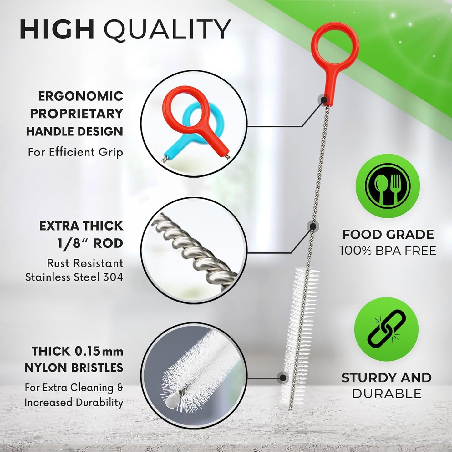 Heavy Duty Cleaning Brushes Set of 4 - Extra Long Straw Cleaners for Metal and Plastic Reusable Drinking Straws, to Clean Small Spaces, Sippy Cups, Water Bottles - Sturdy Hard Brush Bristles