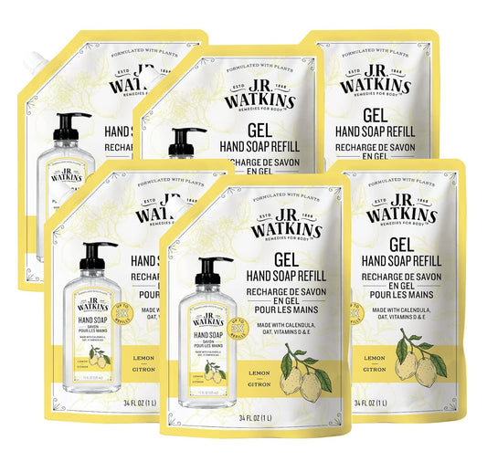 J.R. Watkins Gel Hand Soap Refill Pouch, Scented Liquid Hand Wash for Bathroom or Kitchen, USA Made and Cruelty Free, 34 fl oz, Lemon, 6 Pack