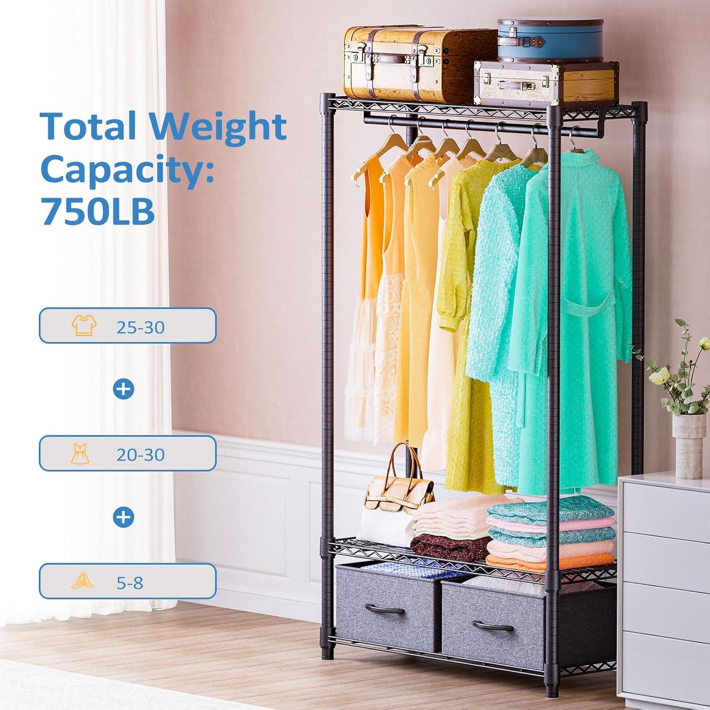 IZEUK Heavy Duty Garment Rack Wire Clothes Rack for Hanging Clothes, Metal Freestanding Closet Wardrobe Rack with 1 Rod and 2 Drawers Dark Grey 15.7" D x 35.5" W x 72.4" H