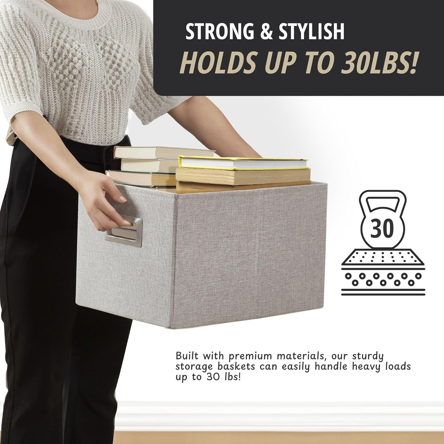 DECOMOMO Storage Bins for Shelves Robust Fabric Closet Bins for Shelves Toy Storage Clothes Books (Pack of 3 – Light Grey)