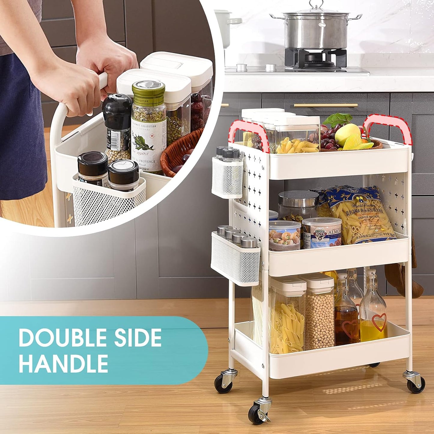 TOOLF 3-Tier Rolling Cart, Metal Utility Storage Cart with DIY Pegboards, Art Craft Trolley with Baskets Hooks, Serving Organizer Easy Assemble for Office, Home, Kitchen, Classroom (White)