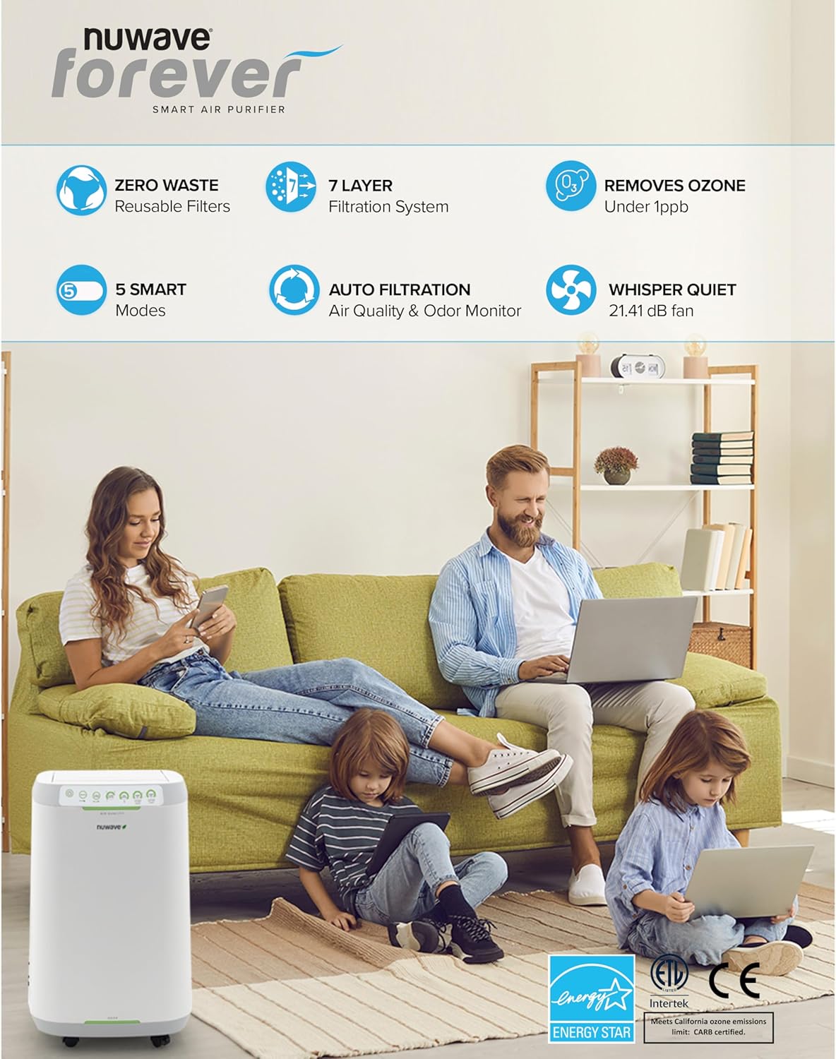 Nuwave Forever Air Purifier for Home Large Room Up to 2,002 Ft², Dual Sensors, 7 Easy to Clean & Washable Filters, Smart WiFi, Removes Smoke, Dust & Pollen Down to 0.1 Microns