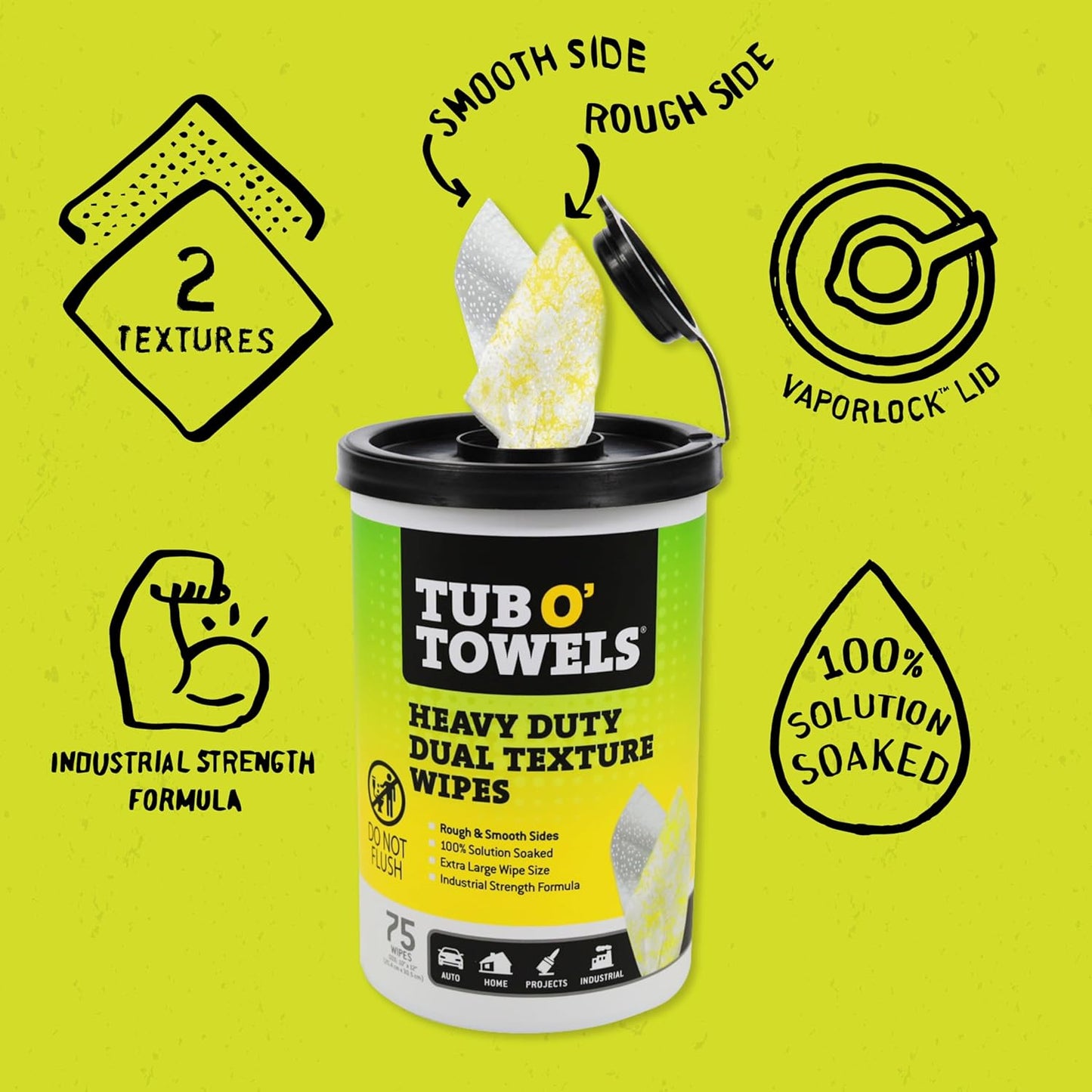 Tub O’ Towels TW75 Heavy-Duty 10" x 12" Size Multi-Surface Cleaning Wipes, Dual Texture, 75 Count Per Canister, 2 Pack