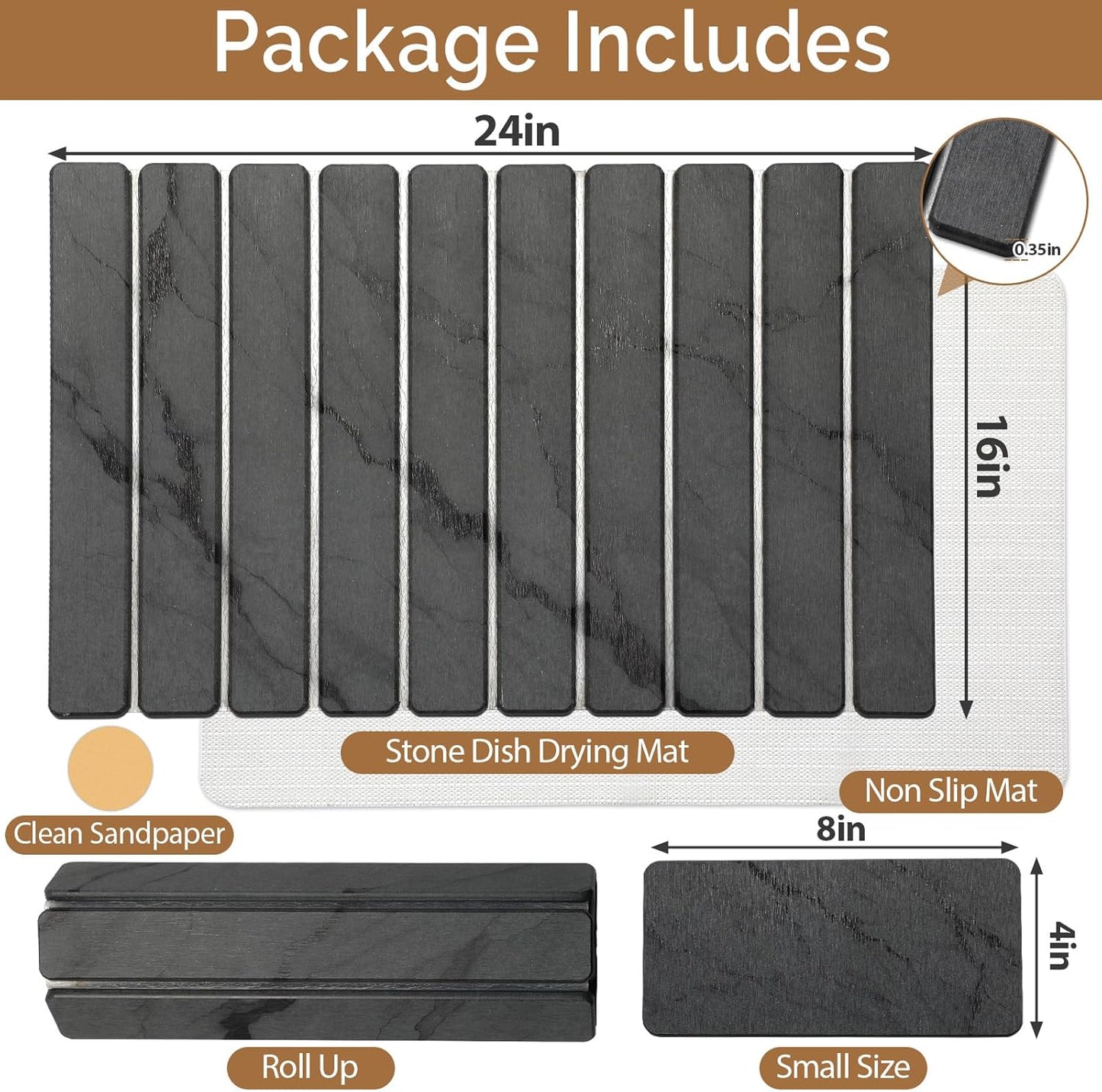 2 PCS Large Stone Dish Drying Mat for Kitchen Counter,Quick Dry Stone Dishes Mats,Marbled Water Absorbing Diatomaceous Earth Drying Pad for Countertop Bottles Utensils Cups（Dark Gray 24"×16" & 8"x4"）