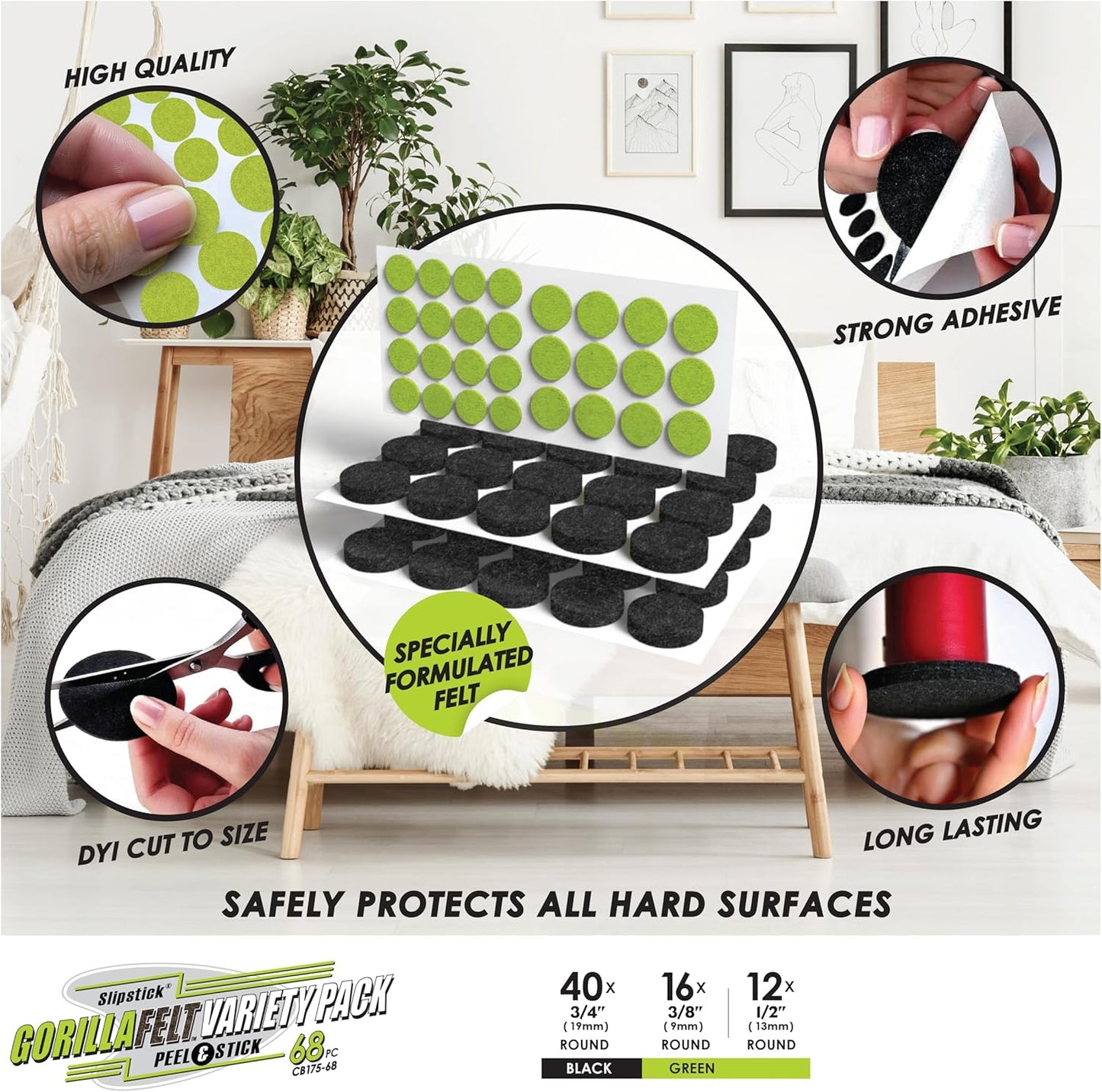 Slipstick Gorilla Felt ¾ Inch Furniture Pads (68 Pcs) Premium Furniture Pads & Chair Leg Floor Protectors for Hardwood Floors & Hard Surfaces