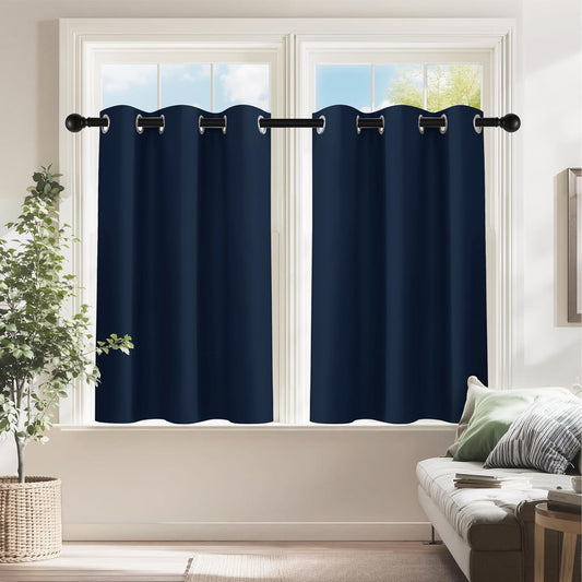 PONY DANCE Navy Blue Blackout Short Curtains for Kitchen, Room Darkening Half Window Treatment Energy Saving Privacy Grommet Drapes for RV Bathroom Basement(2 Panels, W 42 x L 36 inches)