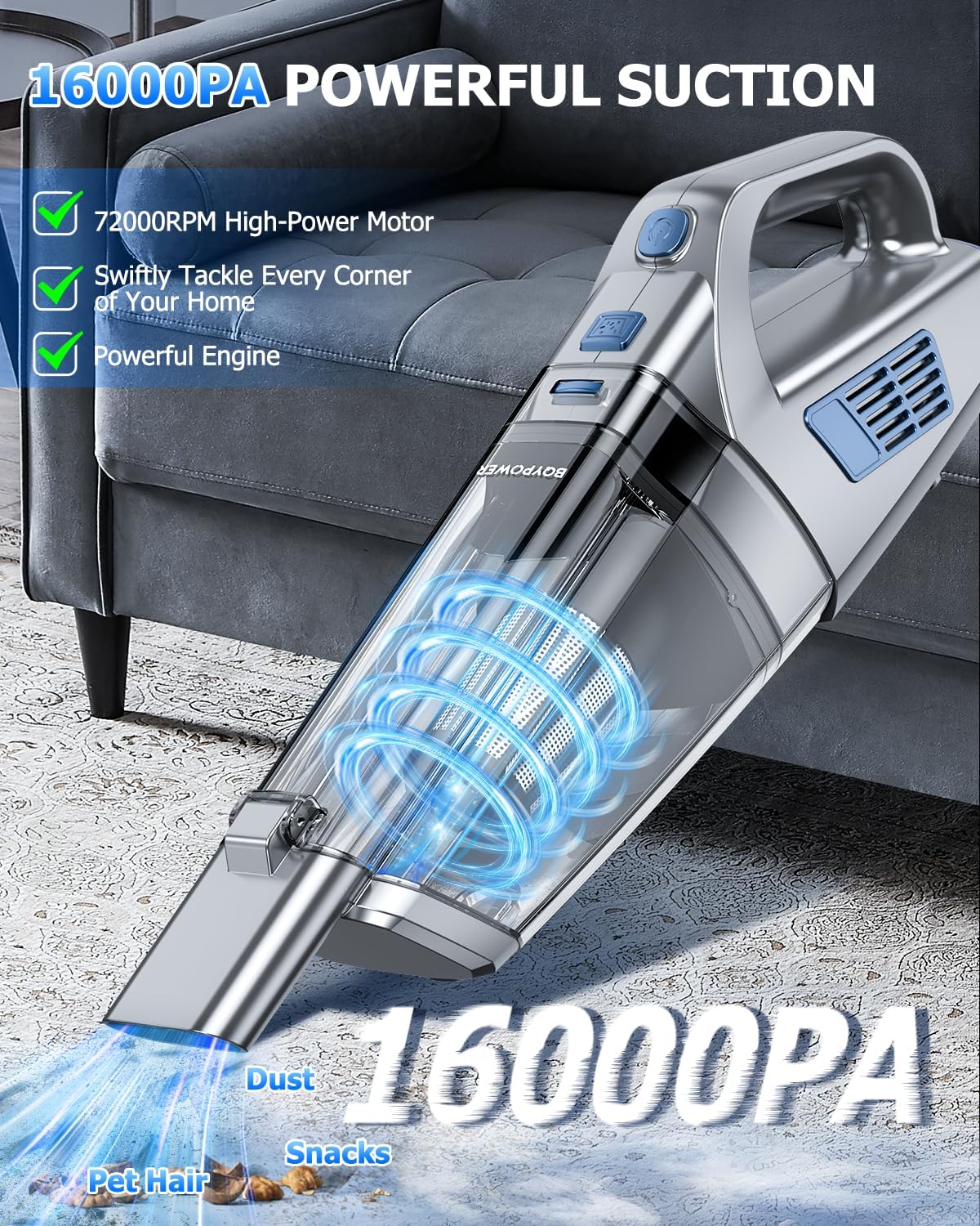 BQYPOWER Handheld Vacuum Cordless, 16000PA Strong Suction Hand Held Vacuum Dust Busters Cordless Rechargeable with Multiple Accessories, Portable Car Vacuum Cleaner High Power for Car Home Office