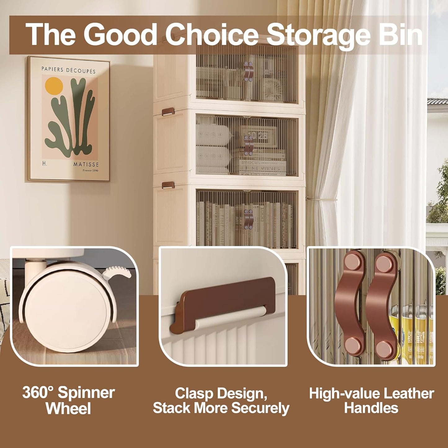 SAILUN 136Gal/543Qt Stackable Storage Bins Folding Collapsible Storage Bins with Lid, Closet Organizers and Storage Box with Door Beige 26" W x 17" D x 71" H