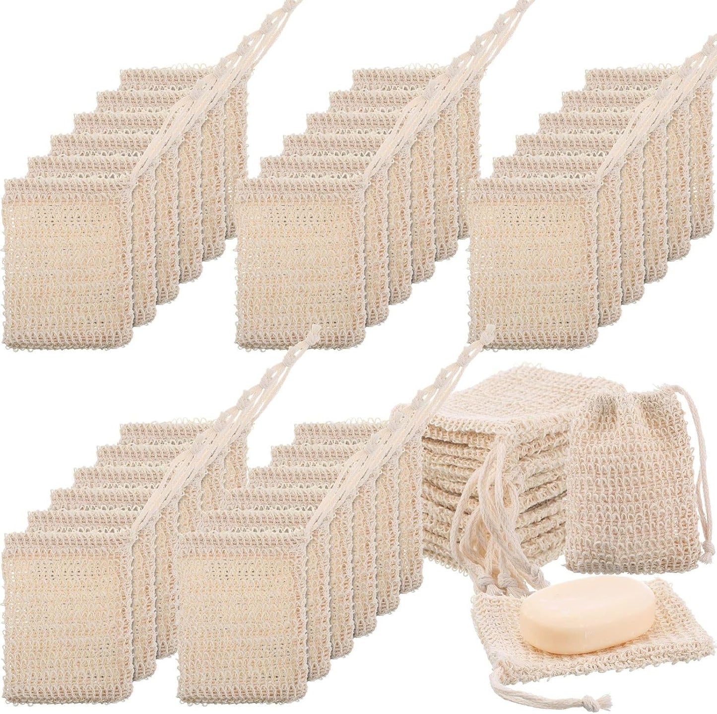 Rtteri 200 Pcs Soap Exfoliating Bag, Natural Sisal Soap Pouch Saver Body Shower Bar Mesh Body Net with Drawstring for Foaming and Drying